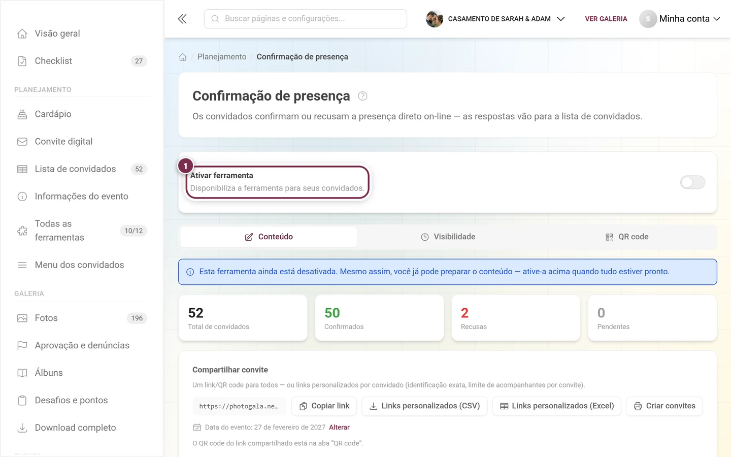 O cartão Ativar ferramenta desligado com o aviso azul embaixo