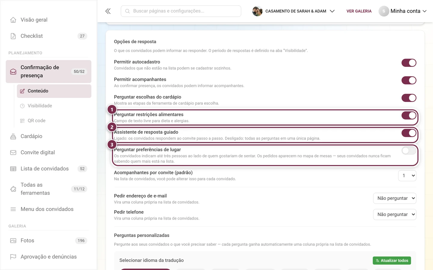 As próximas três opções de resposta: restrições alimentares, assistente de resposta e preferências de lugar