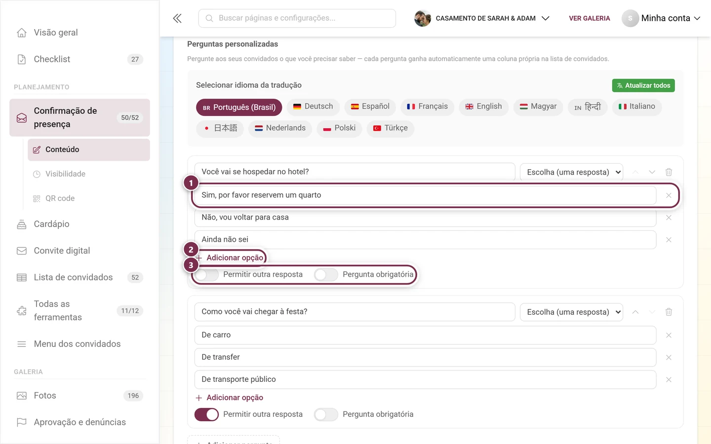 Opções de resposta de uma pergunta de escolha com Adicionar opção e os dois interruptores