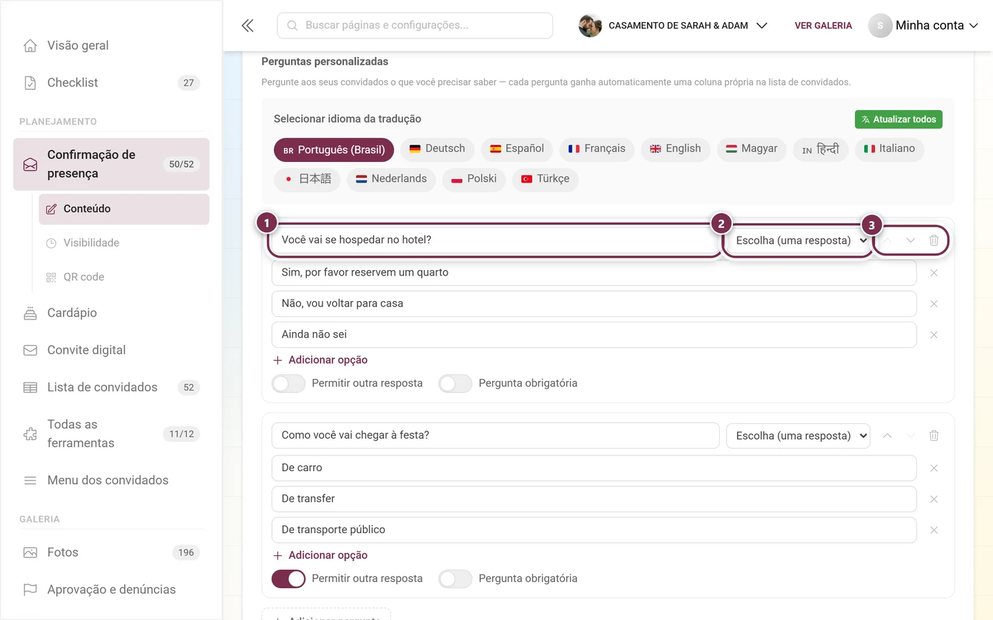 Estrutura de uma pergunta própria: campo de texto, tipo de pergunta e os três ícones de ferramenta