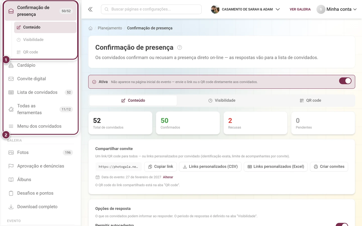A seção Respostas com as confirmações e recusas recebidas