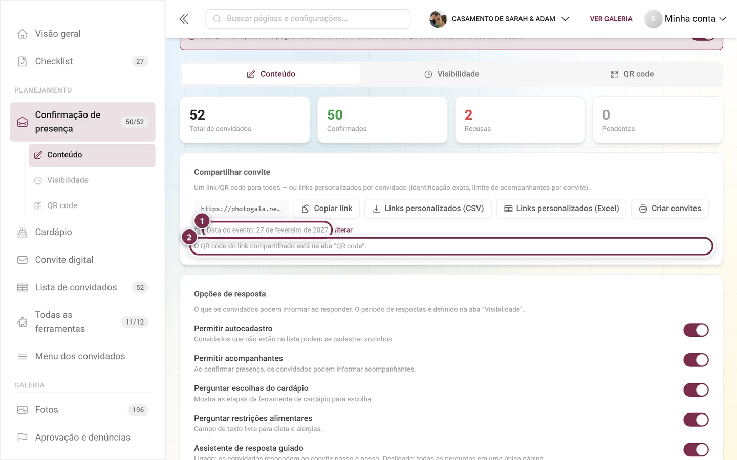 As duas linhas de aviso sob os botões de entrega: data do evento e a indicação da aba QR code