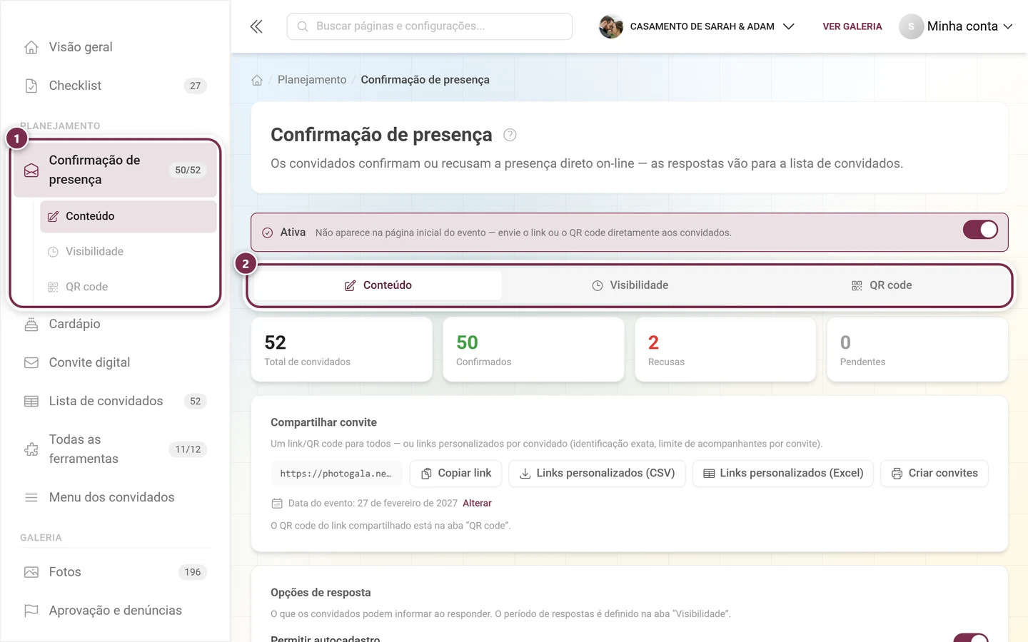 Barra lateral com o item RSVP destacado em Planejamento e a barra de abas do editor