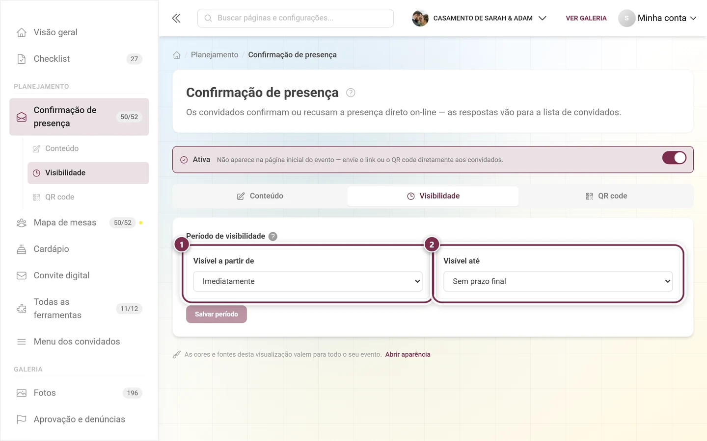 Aba Visibilidade com Visível a partir de e Visível até