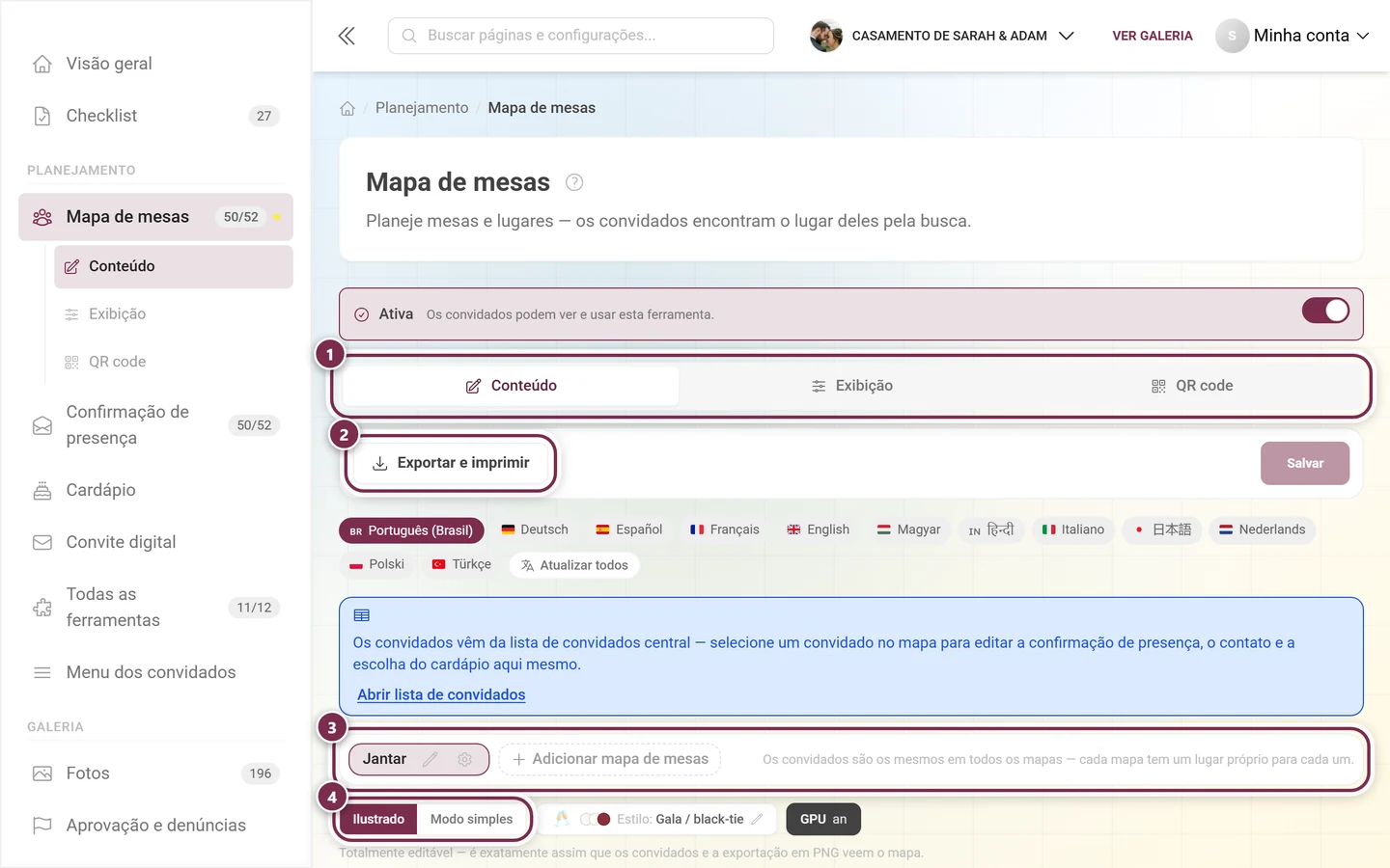 Editor do mapa de mesas com o aviso azul sobre a lista de convidados central e a seleção de mapa