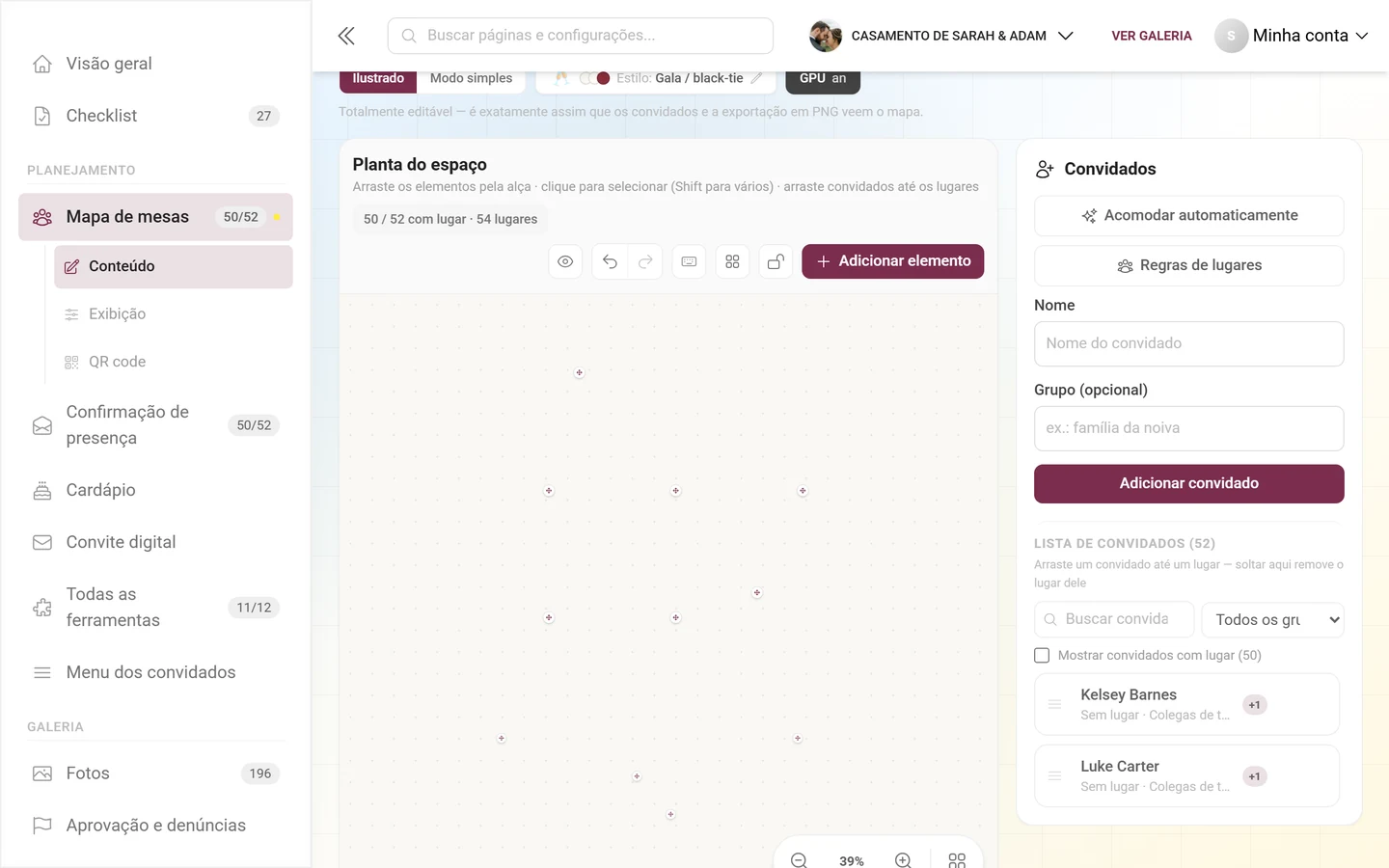 Painel de convidados ao lado da planta do espaço com busca, progresso e os botões Acomodar automaticamente e Regras de lugares