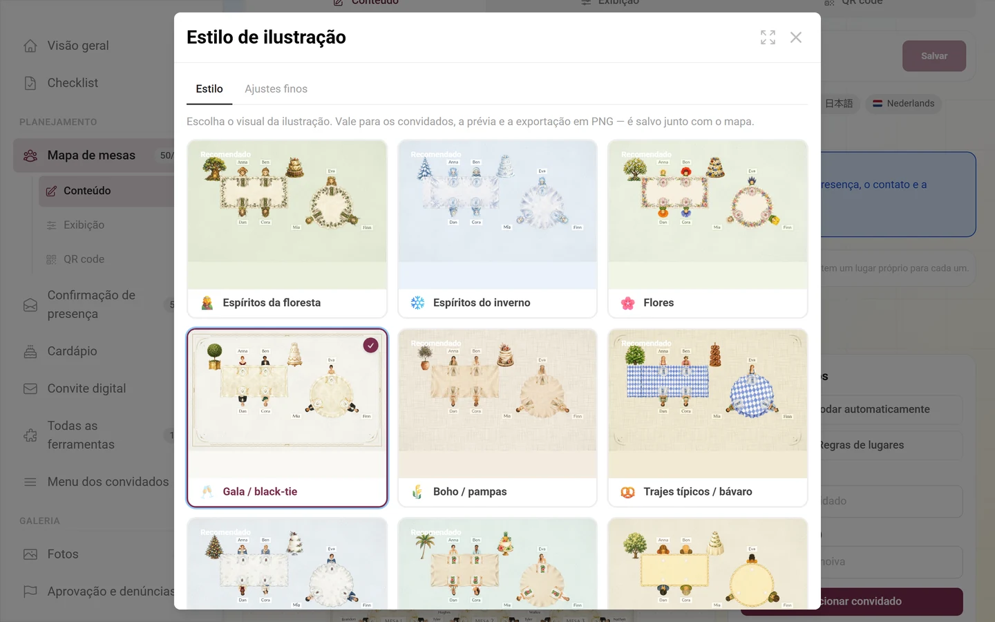 Caixa de diálogo Estilo de ilustração com a aba Estilo e os cartões dos estilos