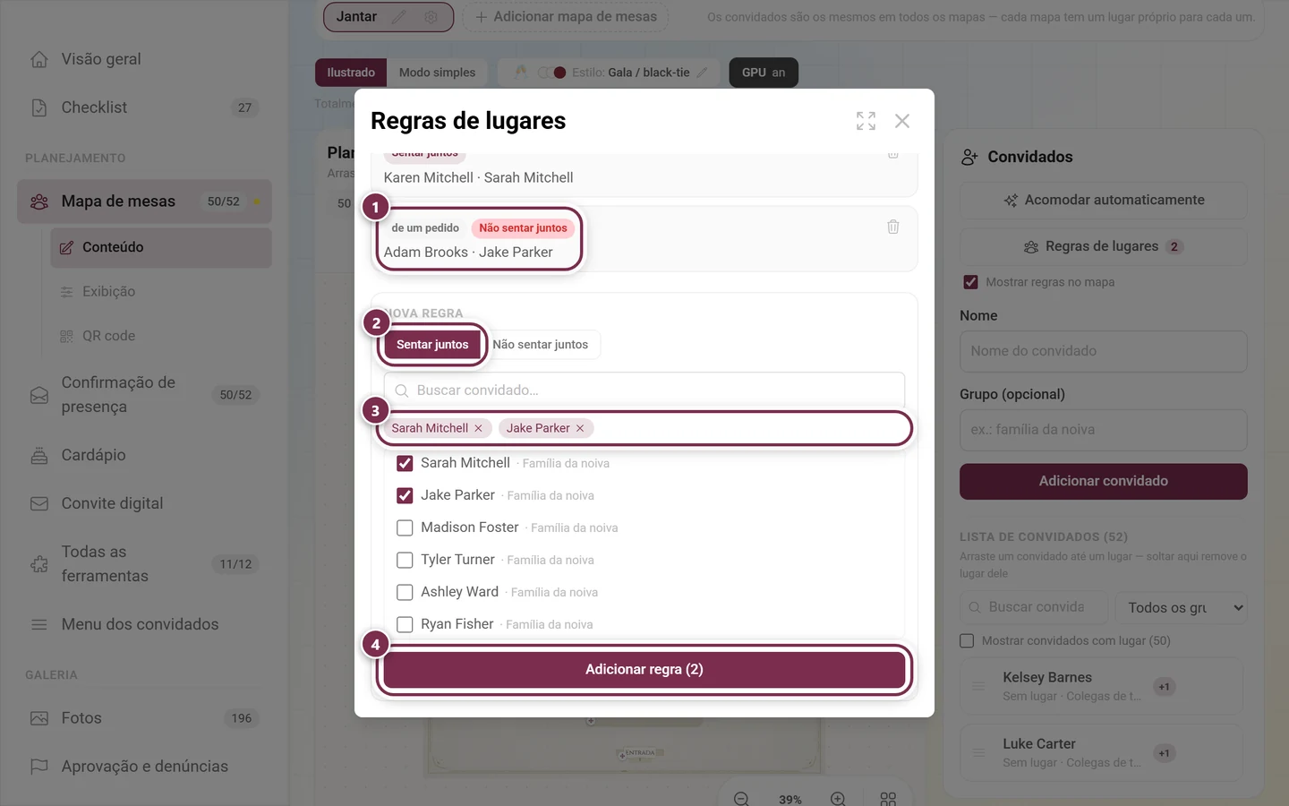Caixa de diálogo Regras de lugares com uma regra existente vinda de um pedido, o alternador de tipo, as etiquetas com os nomes dos convidados escolhidos e o botão Adicionar regra