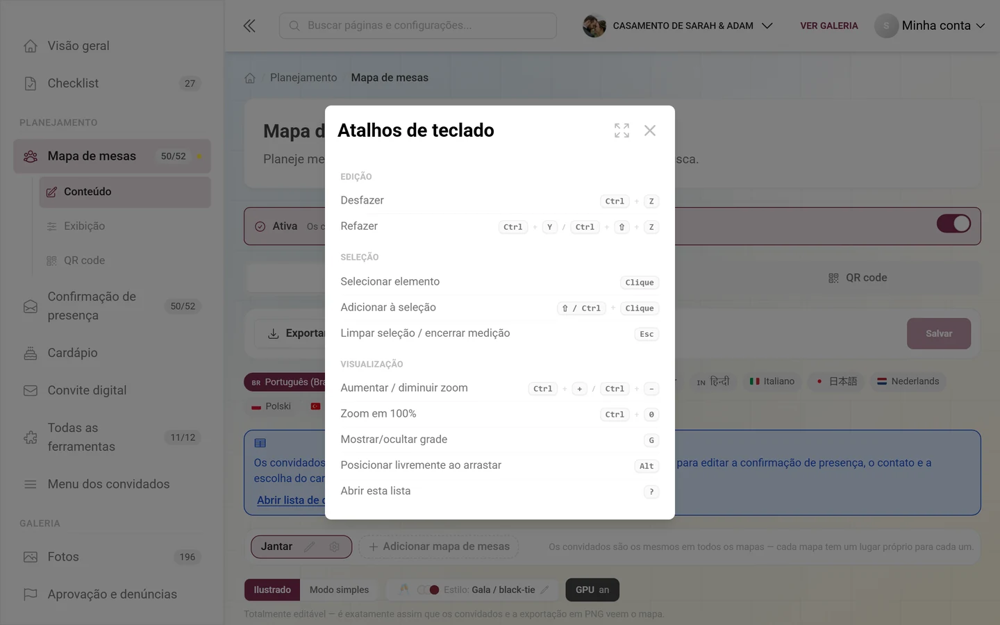 Caixa de diálogo Atalhos de teclado com os grupos Edição, Seleção e Visualização