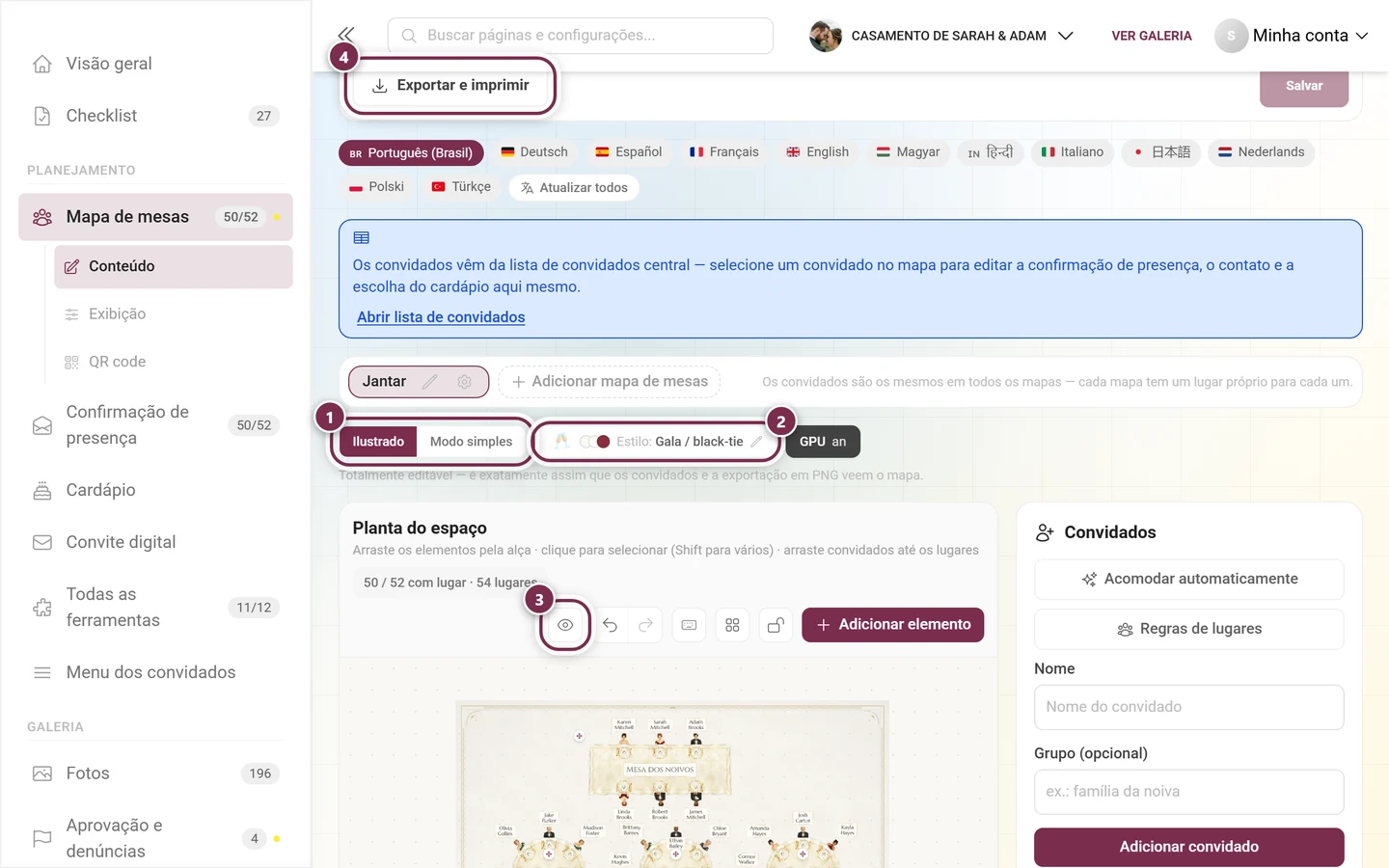 Editor do mapa de mesas com o alternador de visualização, o botão de estilo, o ícone de olho e o botão Exportar e imprimir destacados
