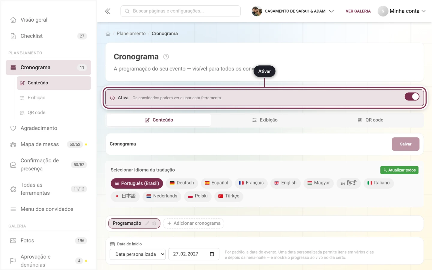 Editor de ferramenta com a faixa Ativo destacada acima das abas