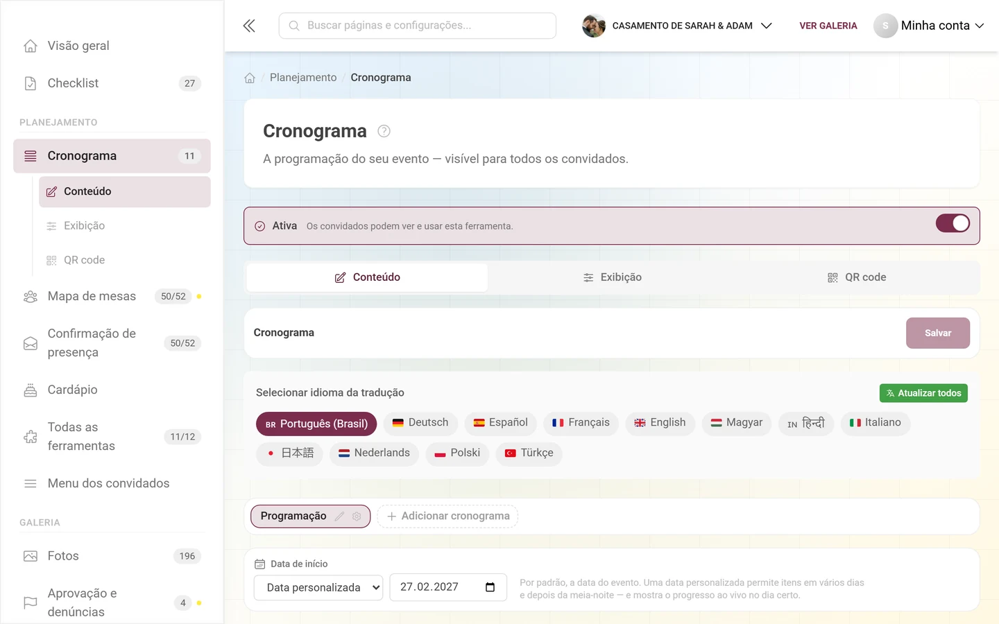 Editor de uma ferramenta com a faixa Ativo e a barra de abas