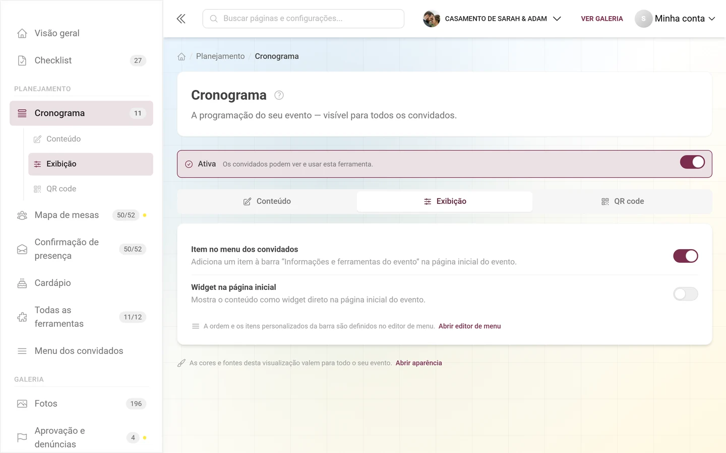 Aba Exibição com os interruptores do widget e do menu dos convidados
