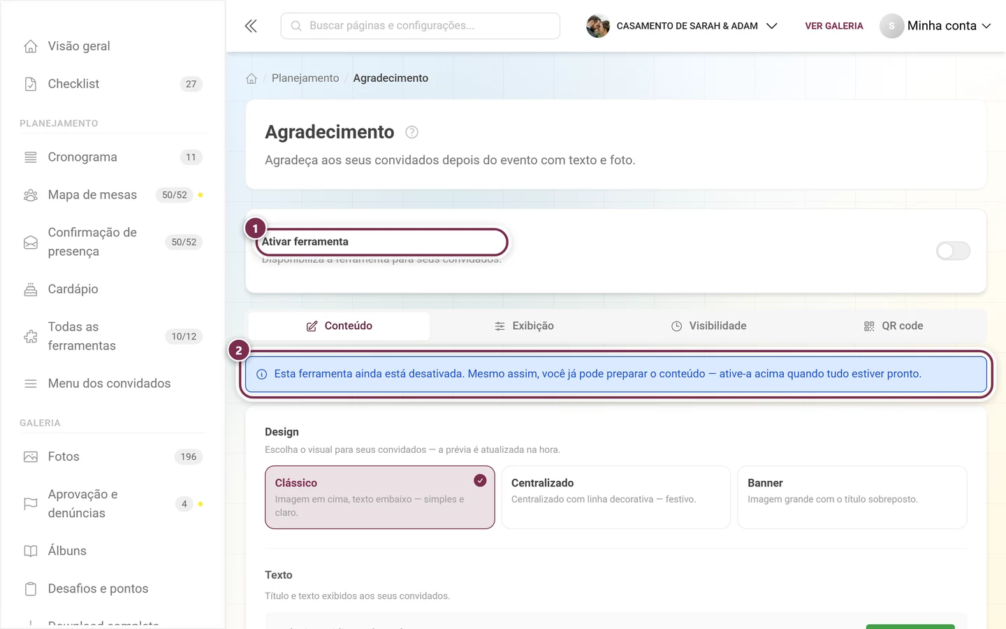 Página de agradecimento com a ferramenta desligada e o aviso azul sobre o modo rascunho