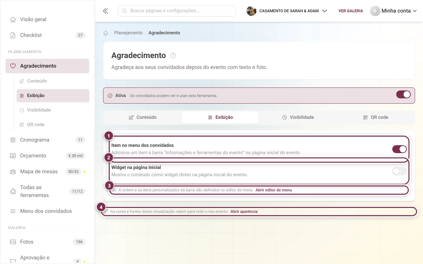 Aba Exibição com os interruptores do menu dos convidados e do widget da página inicial, além de dois links diretos