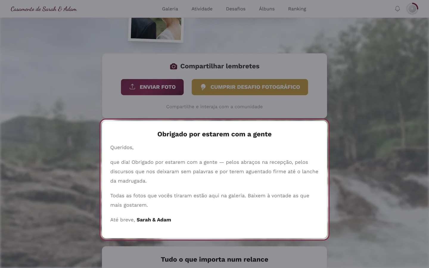 Página de agradecimento como widget na página inicial do evento, na visão dos convidados