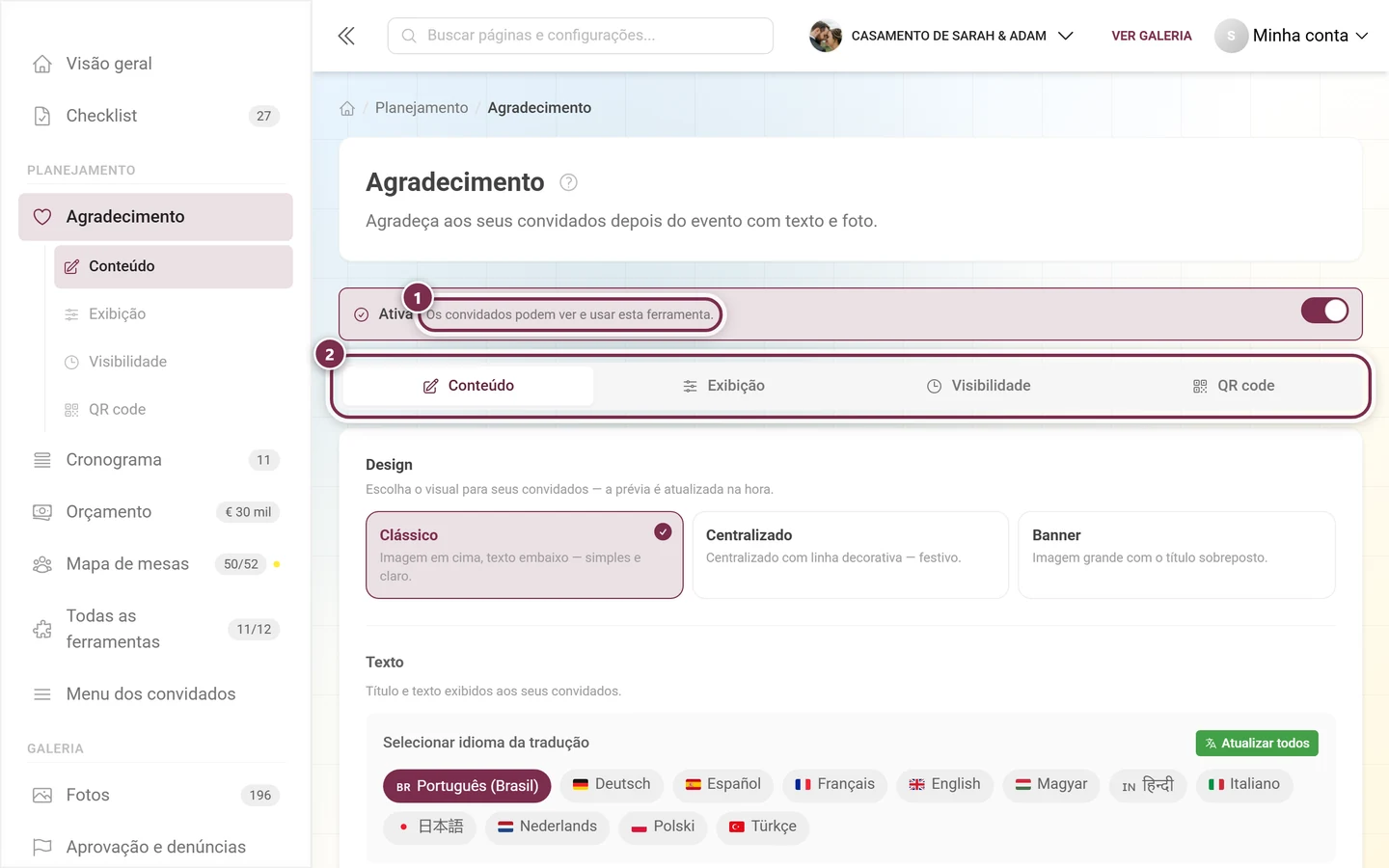 Cabeçalho da página de agradecimento com o interruptor Ativo e as quatro abas