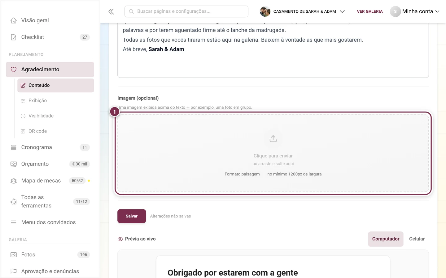Área de imagem vazia da página de agradecimento com as recomendações formato paisagem e no mínimo 1200 pixels