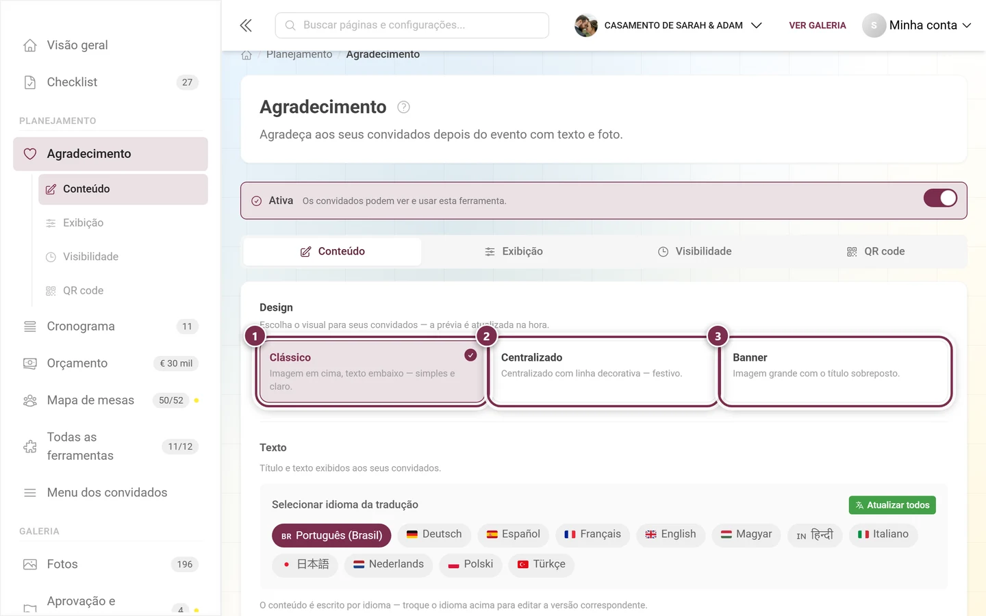 Escolha de tema com os três cartões Clássico, Centralizado e Banner