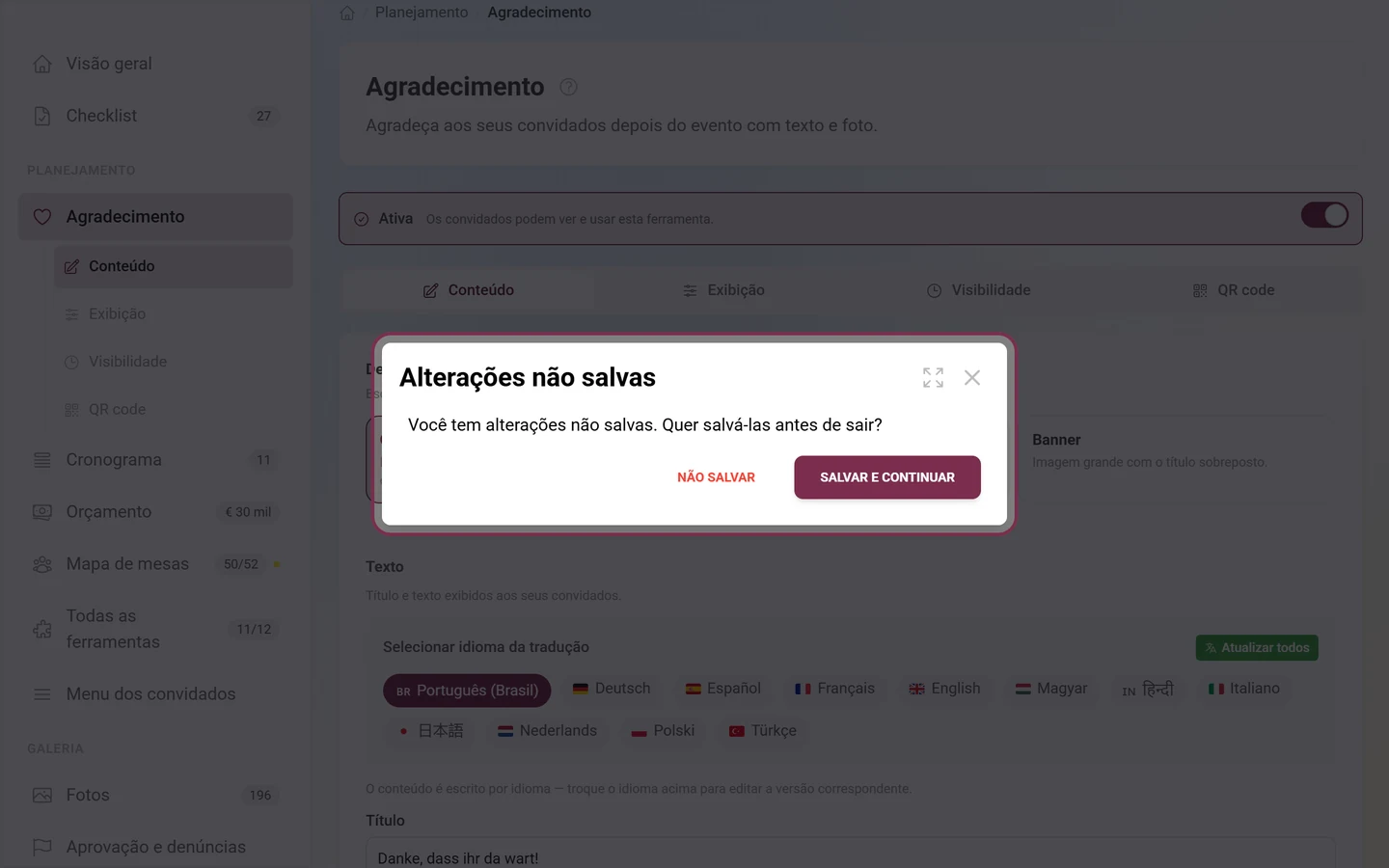 Diálogo Alterações não salvas com os botões Não salvar e Salvar e continuar