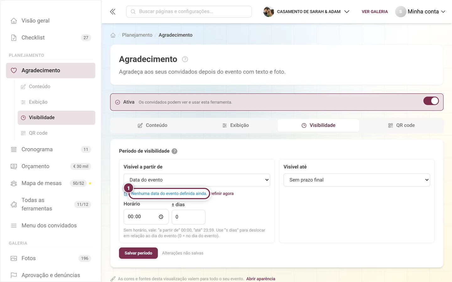 Aviso Ainda não há data do evento definida com o link Definir agora
