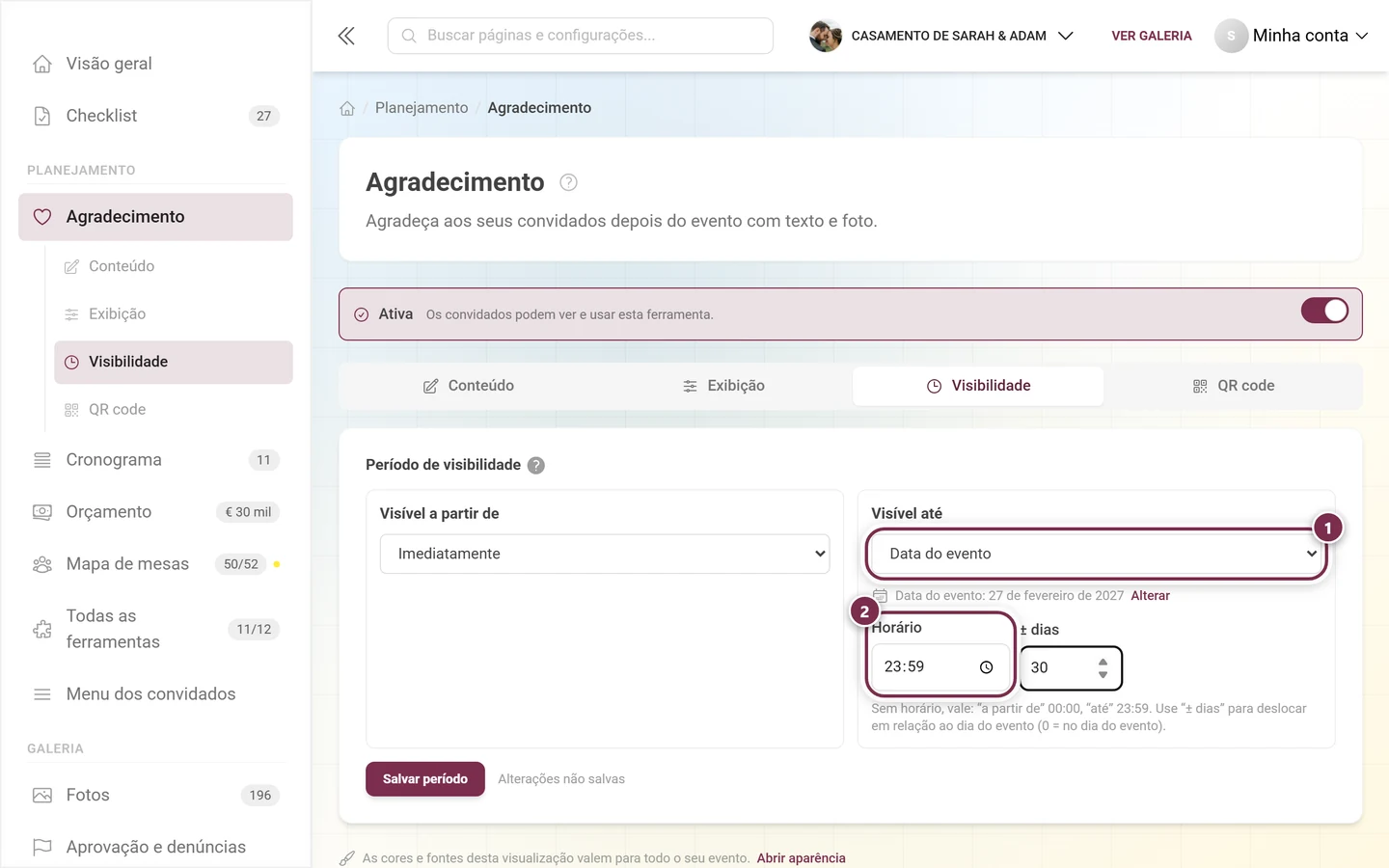 Visível até no modo Data do evento com o horário 23:59 preenchido