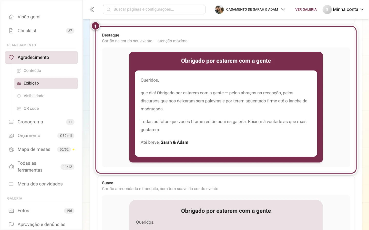 Estilo de widget Destaque com cartão na cor do evento