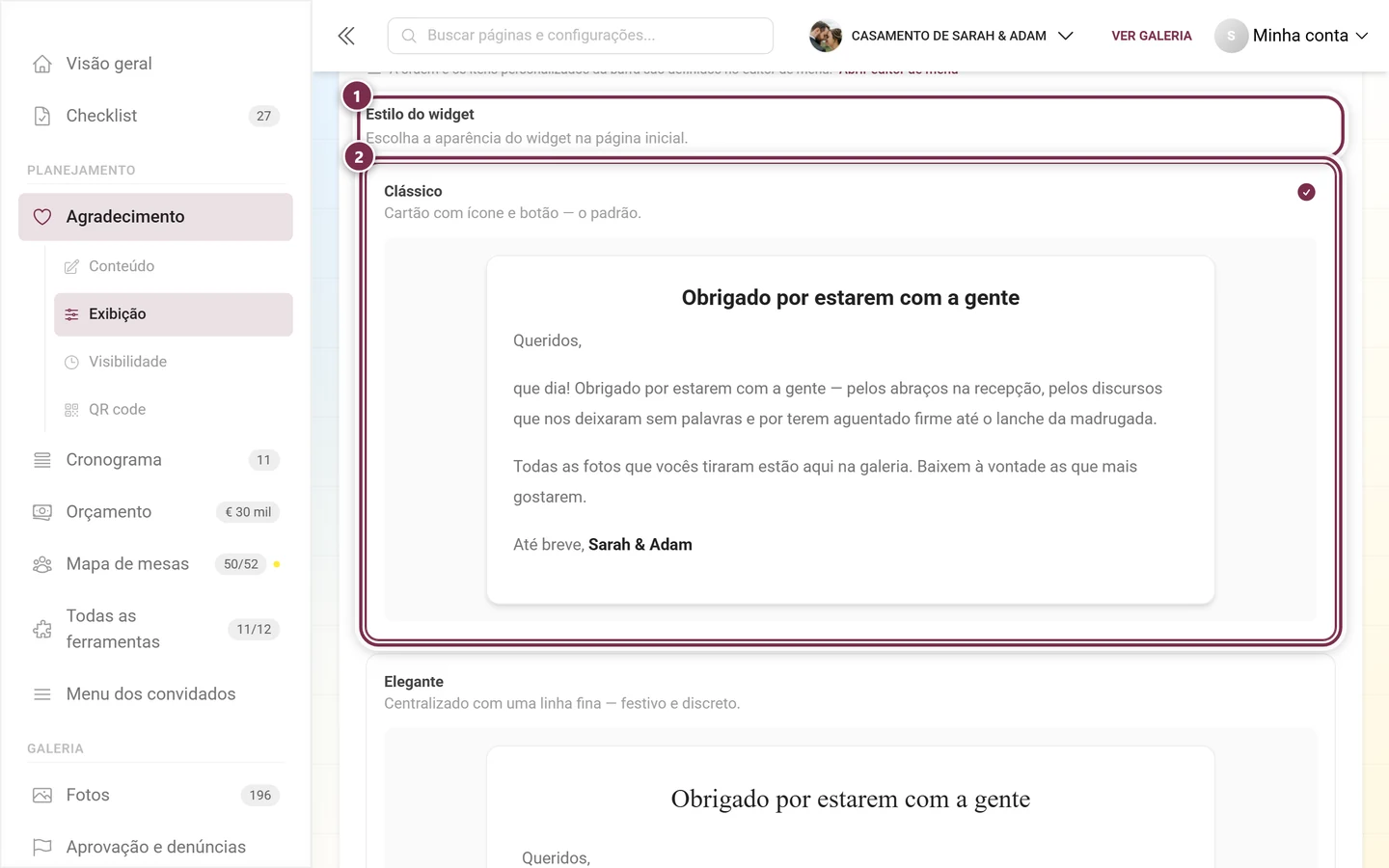 Escolha do estilo do widget com o cartão Clássico selecionado