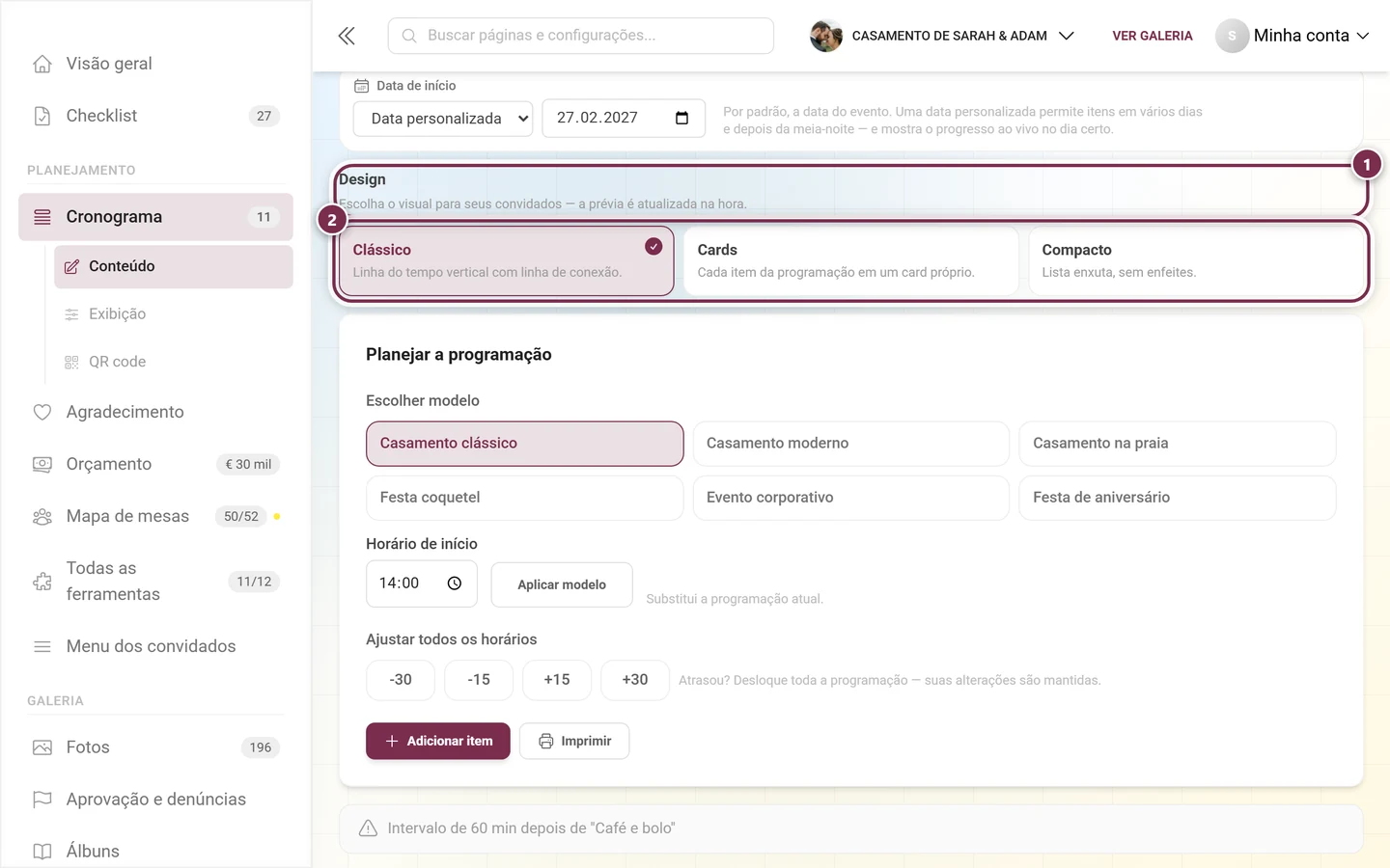 Área Tema com o título e o aviso destacados e os três cartões de tema
