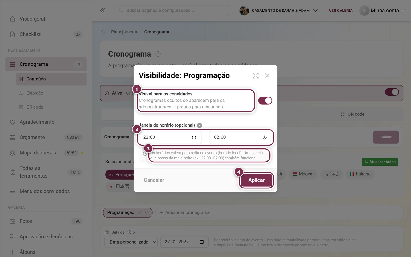 Diálogo Visibilidade: Programação com o interruptor, os dois campos de horário, o aviso e o botão Aplicar destacados