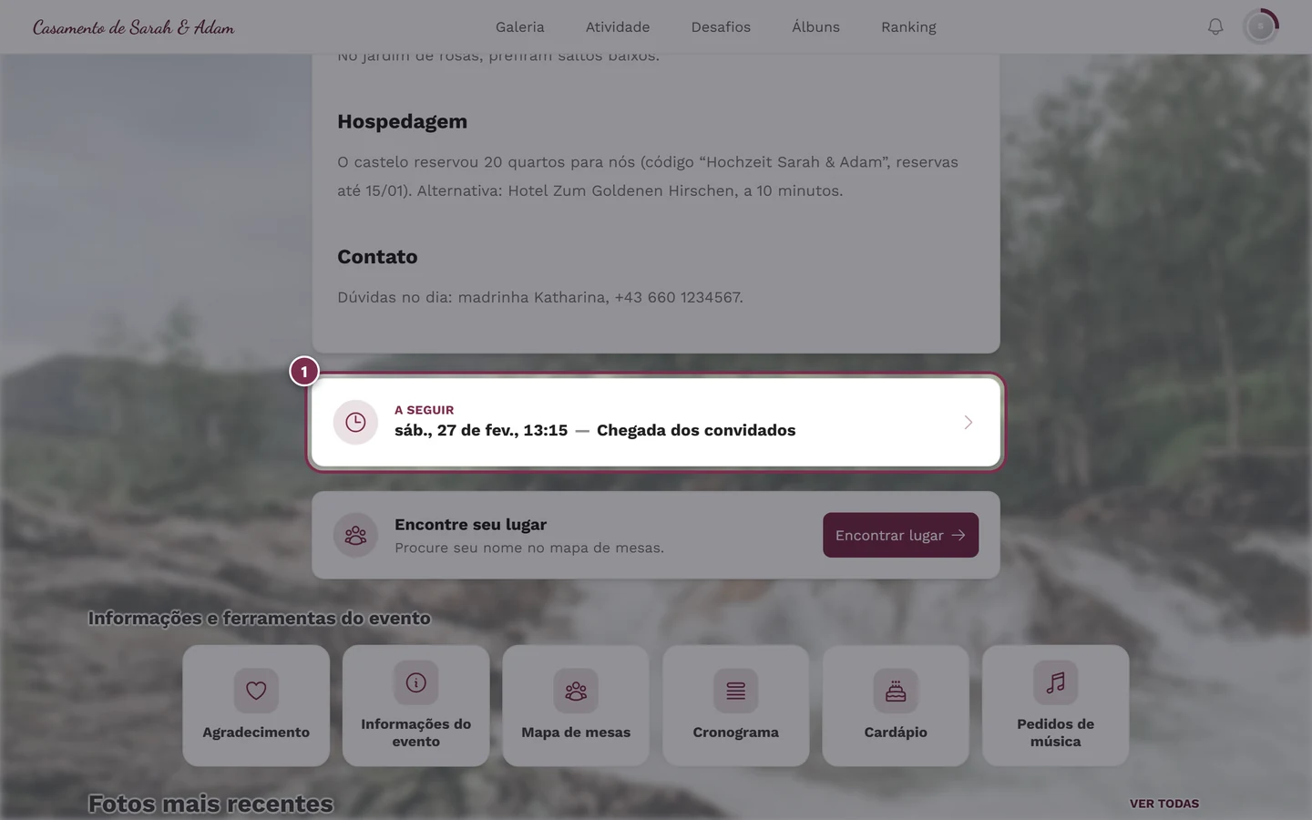 Página inicial da galeria com o widget de cronograma A seguir
