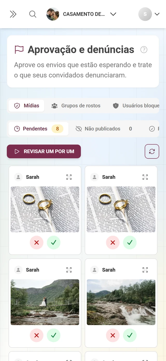 Aba Mídias com a barra de status Pendentes 6, Não publicados 0, Publicados 17 e seis cartões com um X vermelho e um sinal de marcação verde