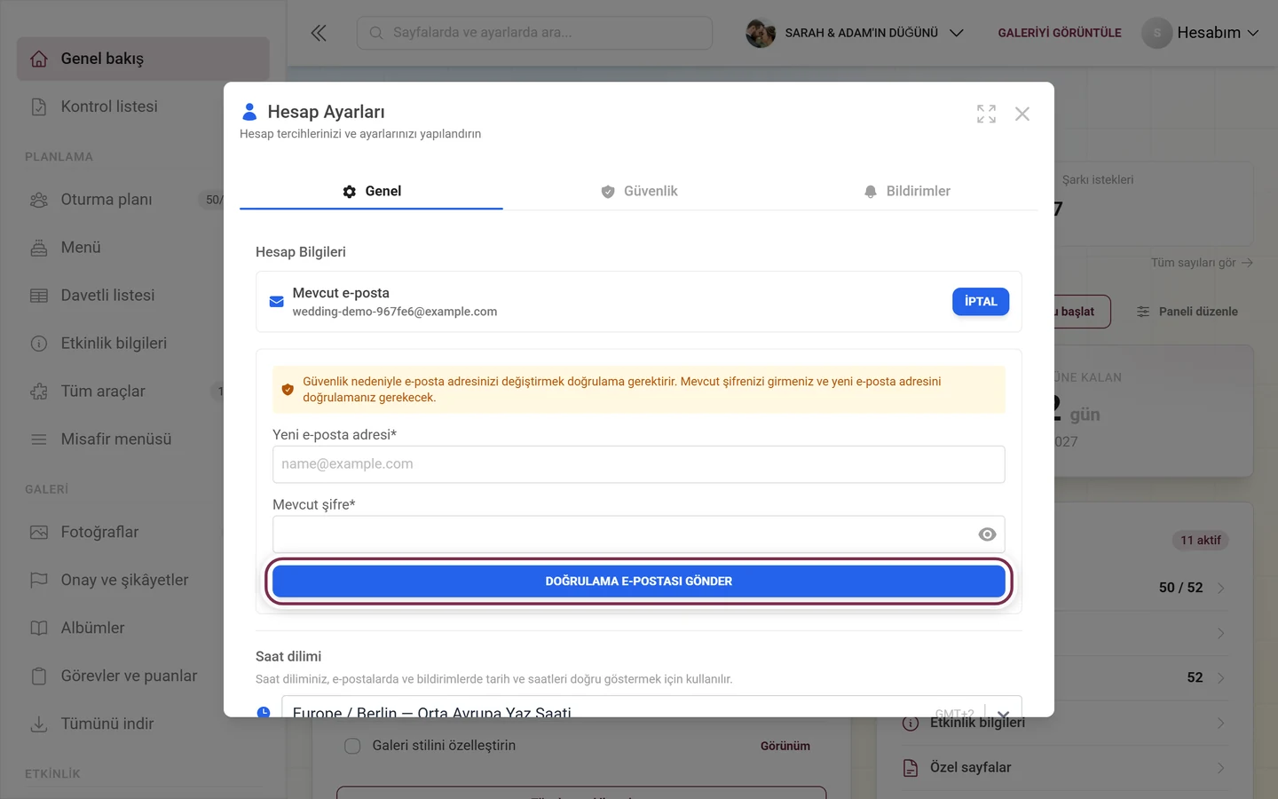E-posta değiştirme formu açık ve Doğrulama e-postası gönder düğmesi vurgulanmış hesap ayarları
