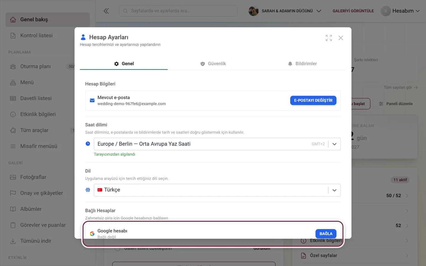Google hesabı satırı vurgulanmış hesap ayarlarının Bağlı hesaplar bölümü