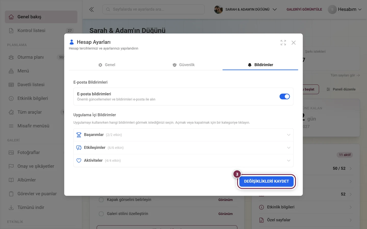 Kırmızıyla işaretlenmiş Değişiklikleri kaydet düğmesiyle Bildirimler sekmesinin alt kısmı