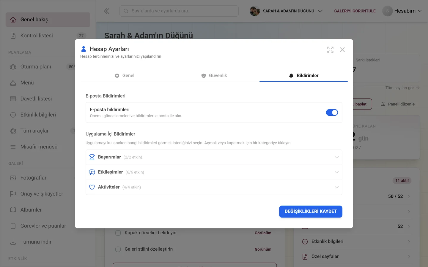 Bildirimler sekmesi etkin olan Hesap ayarları iletişim kutusu