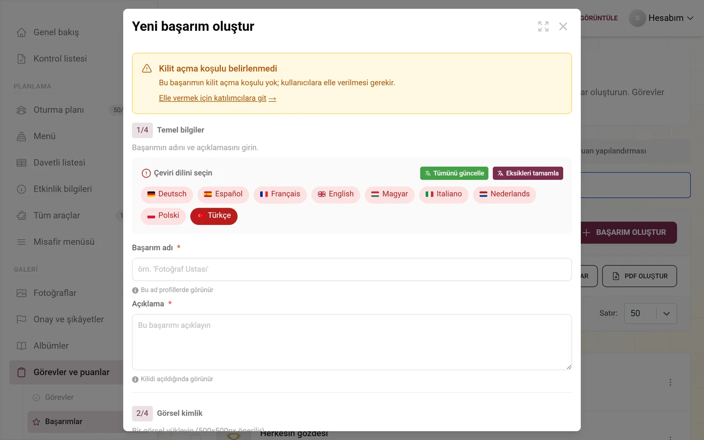 Ad, koşul ve ödül ile başarım oluşturma iletişim kutusu
