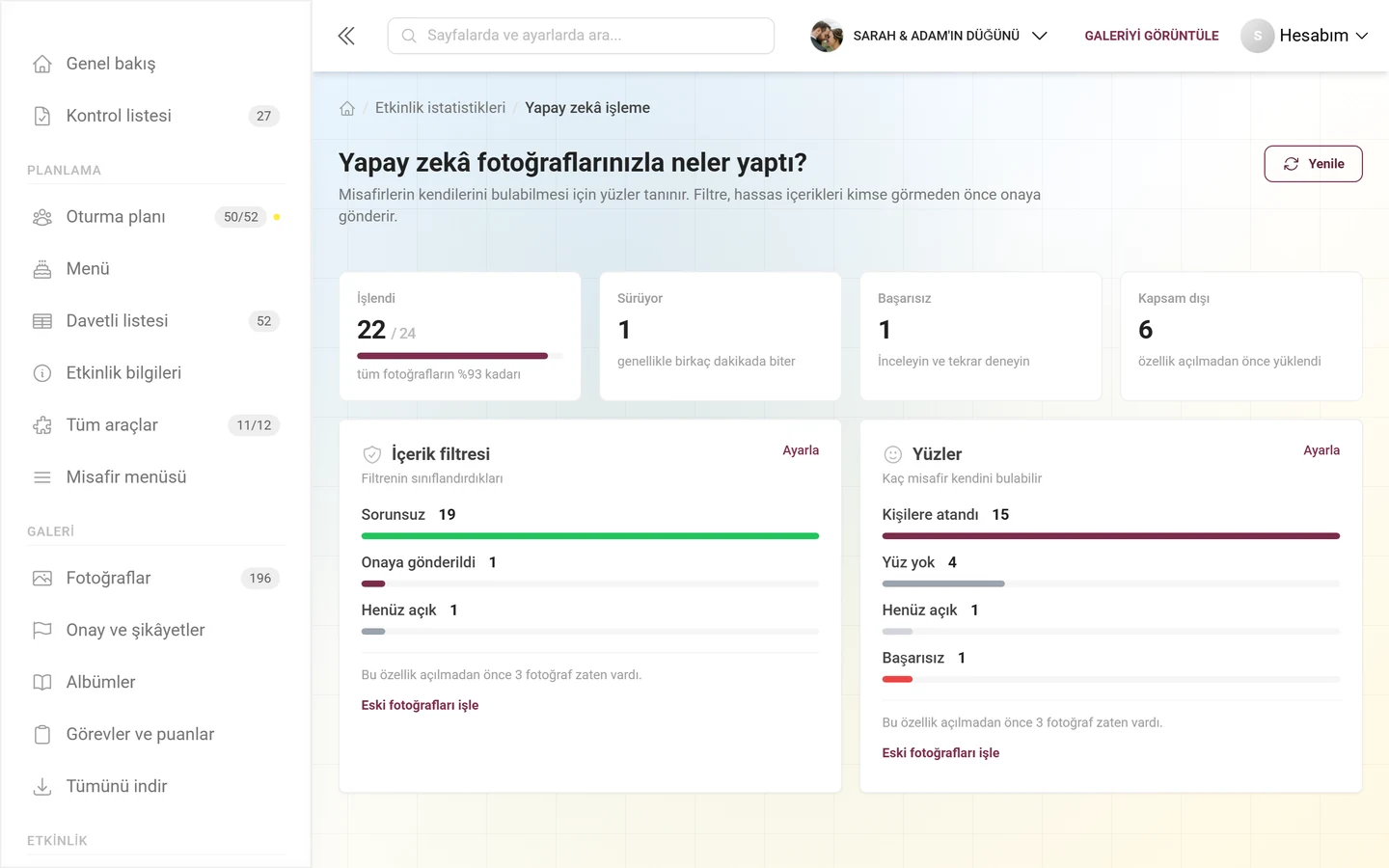 Çubuklarıyla İçerik filtresi ve Yüzler kartları, üstlerinde dört gösterge kutucuğu