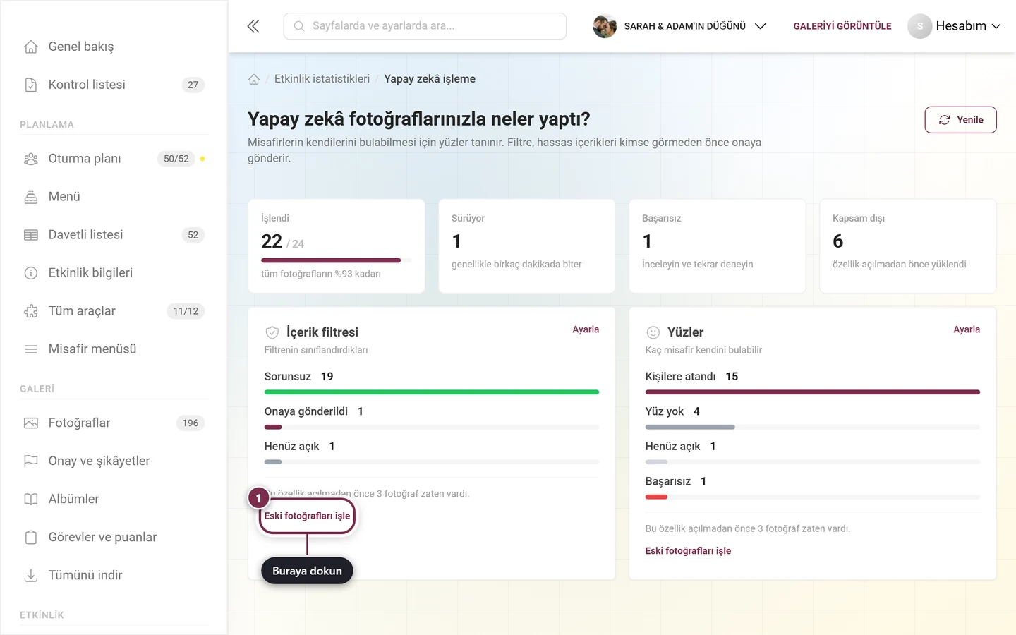 Eski fotoğrafları işle düğmesi işaretlenmiş yapay zekâ işleme özellik kartı