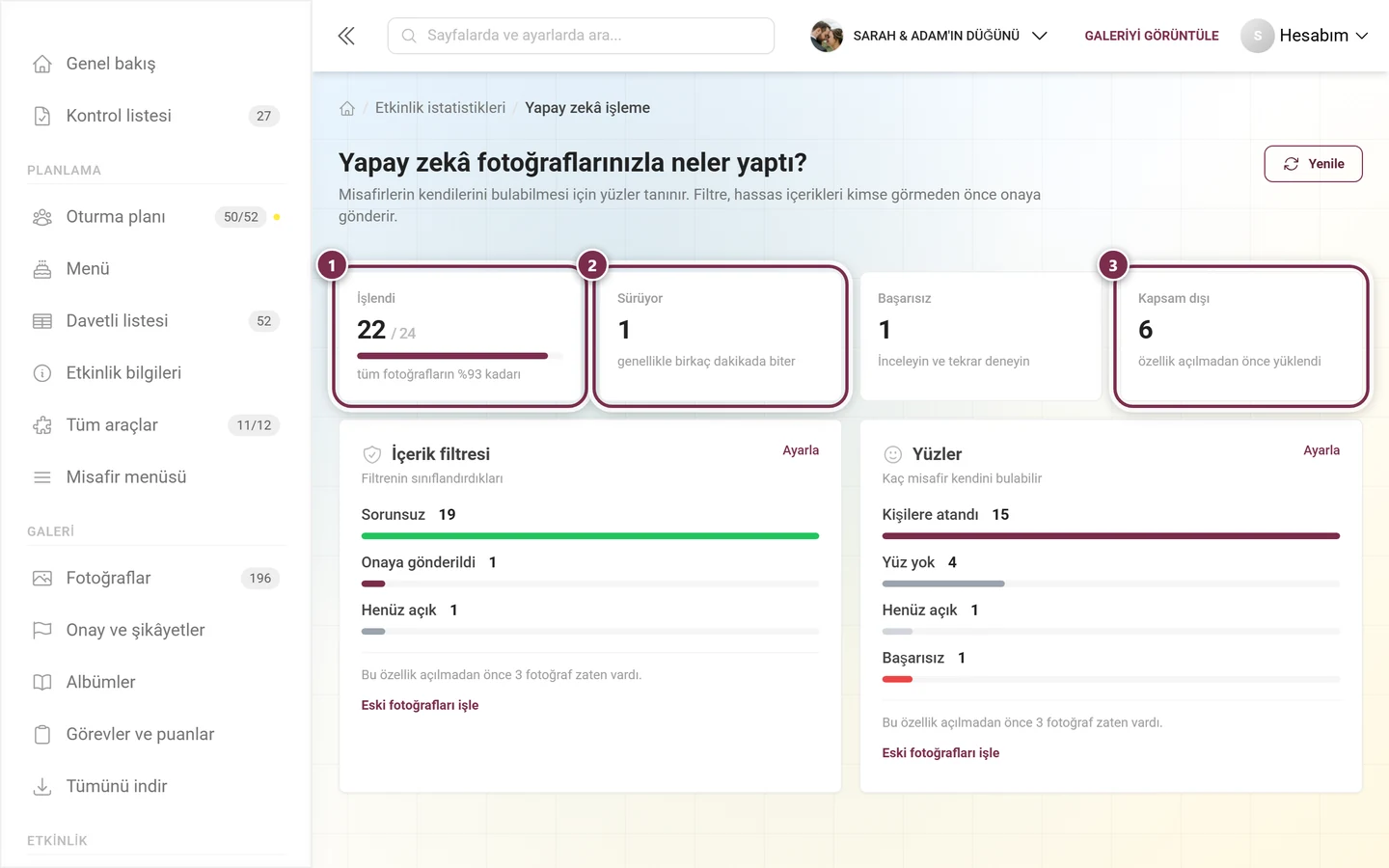İşlendi, İşleniyor ve Etkilenmedi kutucukları işaretlenmiş yapay zekâ işleme kutucuk satırı
