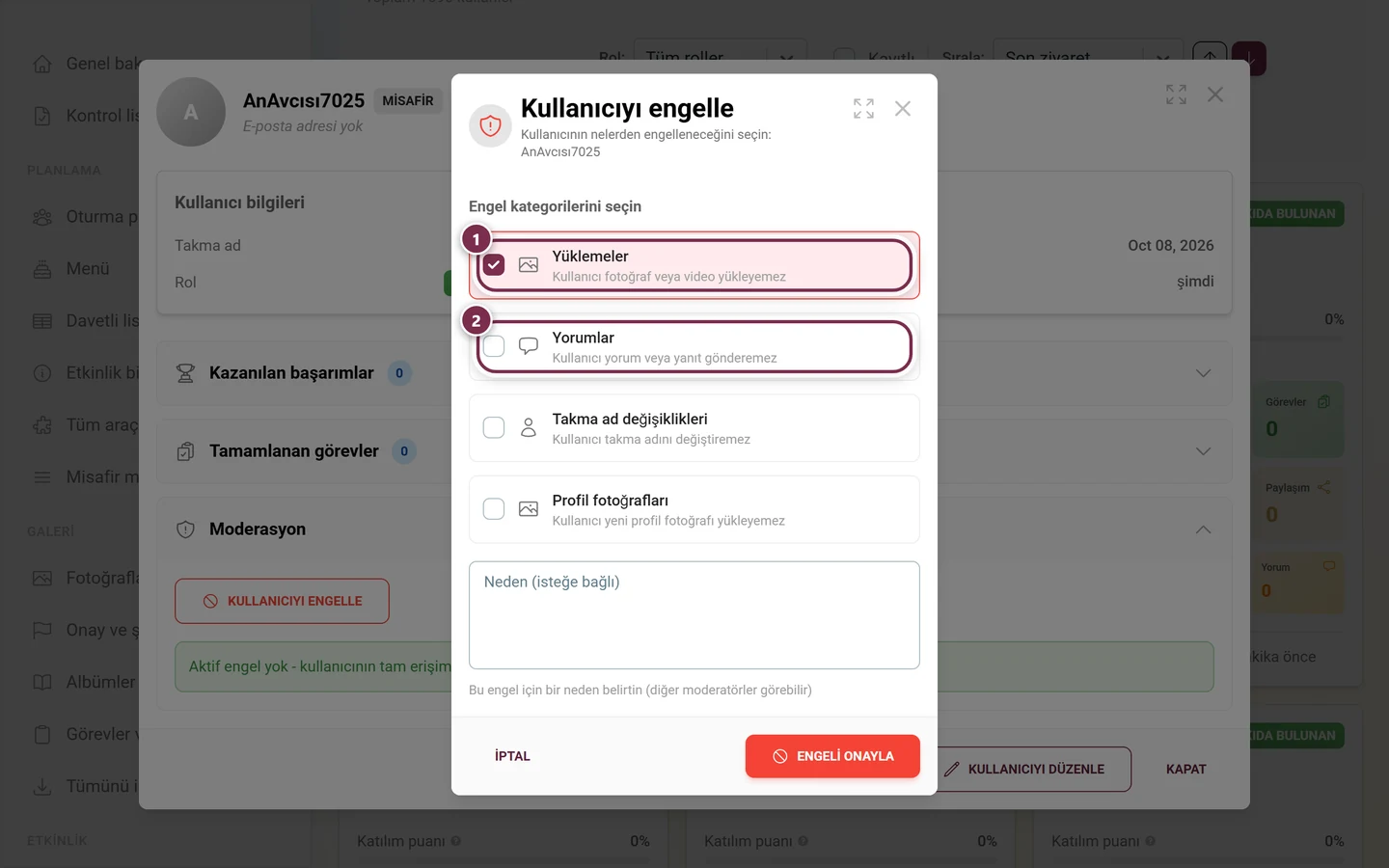 Yüklemeler ve Yorumlar kartları vurgulanmış engelleme kategorisi seçme penceresi