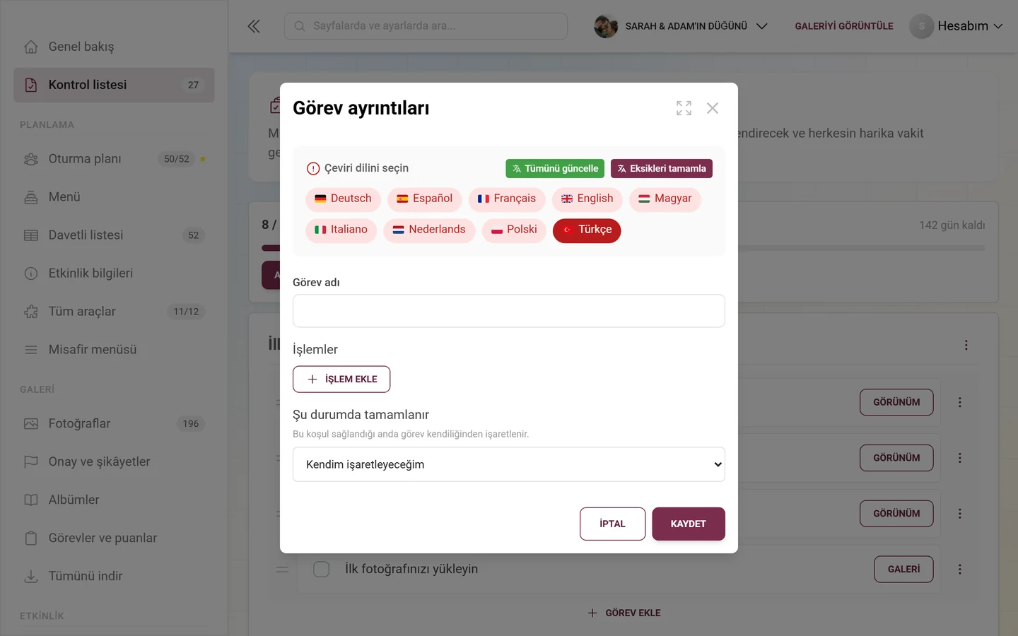 Dil geçişi, görev adı, Eylem ekle ve Şu durumda tamamlandı seçimiyle Görev ayrıntıları iletişim kutusu