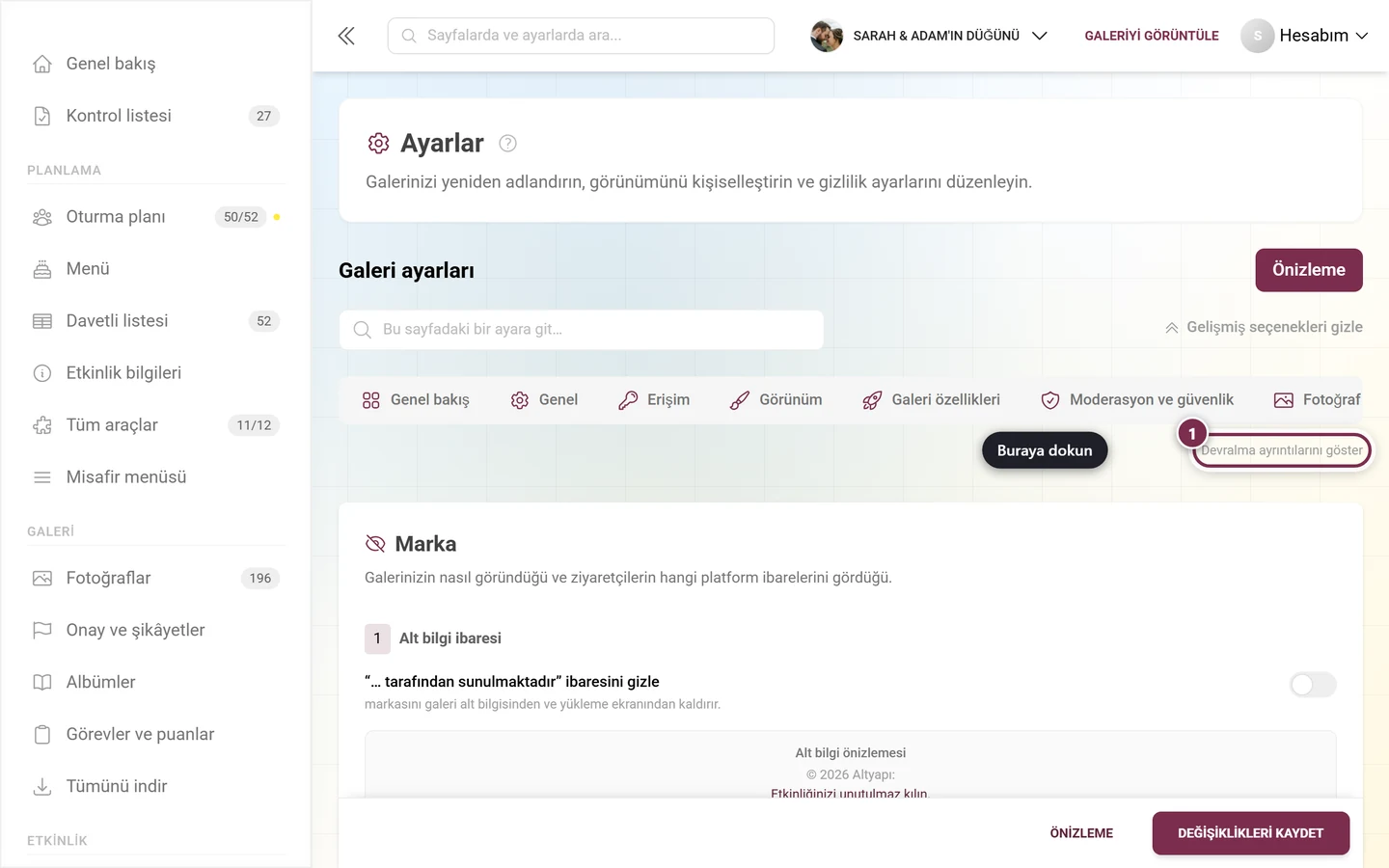 Devralma ayrıntıları anahtarı vurgulanmış White-Label sekmesi