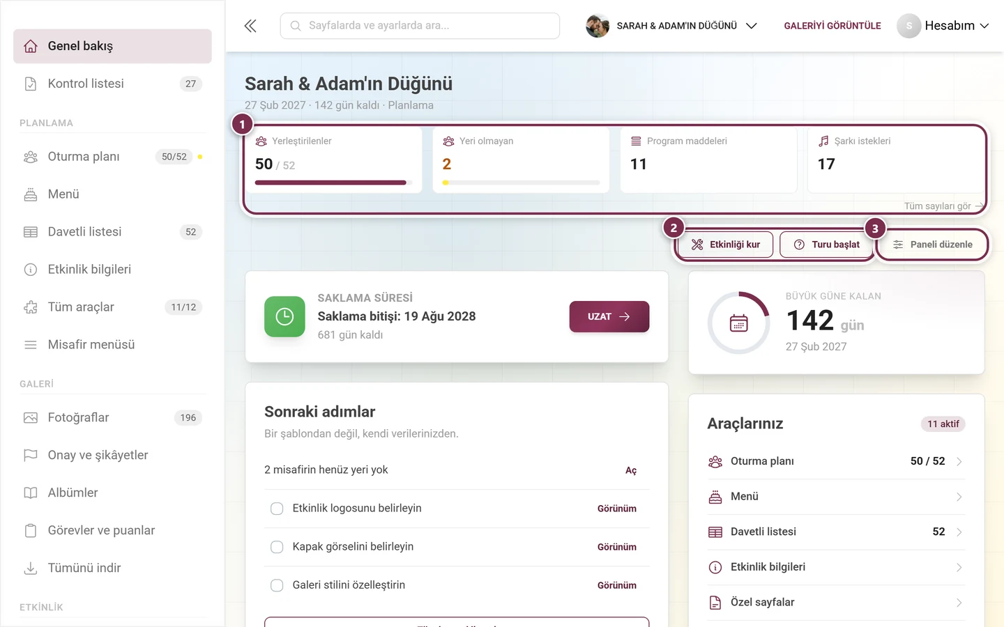 Etkinliği kur, Turu başlat ve Panoyu düzenle düğmeleri ile Sonraki adımlar kartını içeren yönetim panosu