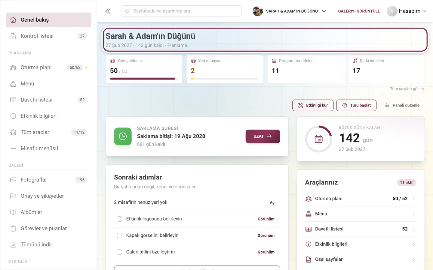 Etkinlik adı ve tarih, kalan süre ve aşamadan oluşan satırla panonun başlık alanı
