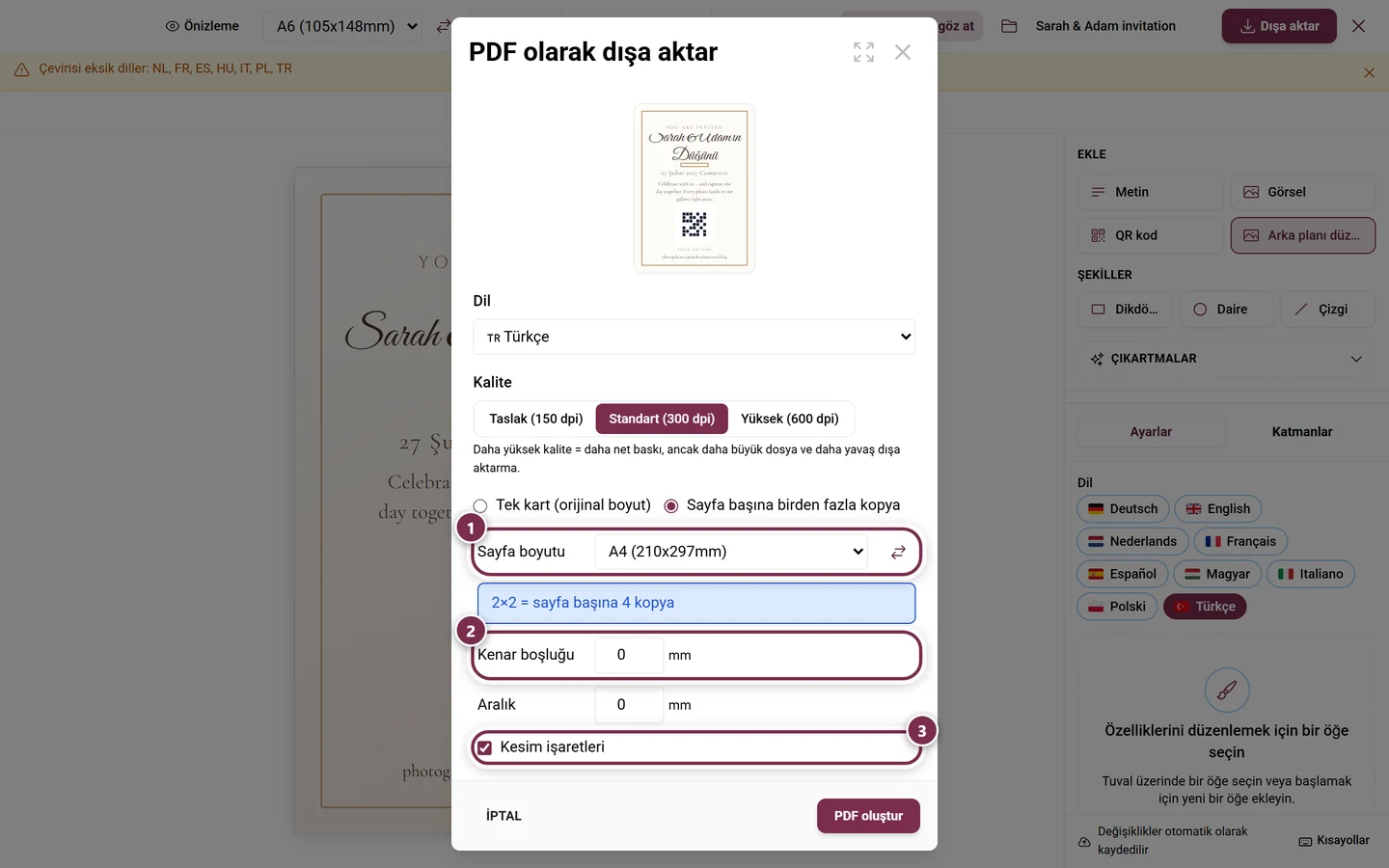 Kâğıt boyutu, Kenar boşluğu ve Kesim işaretleri işaretlenmiş dışa aktarma iletişim kutusundaki sayfa seçenekleri