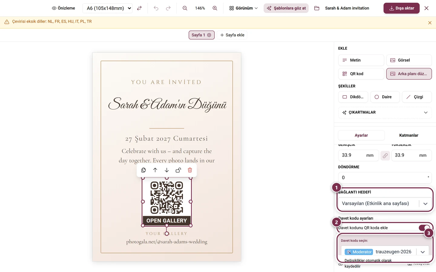 Özellikler panelinde Bağlantı hedefi seçicisiyle seçili QR öğesi
