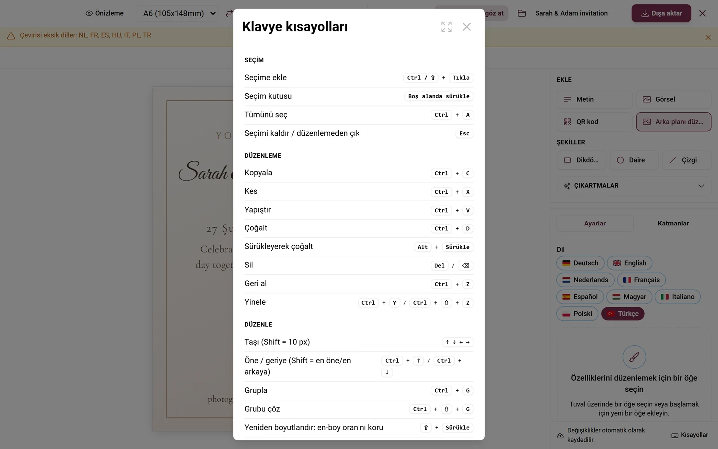 Seçim, Düzenleme, Yerleştirme, Görünüm ve Dönüştürme bölümleriyle Klavye kısayolları iletişim kutusu