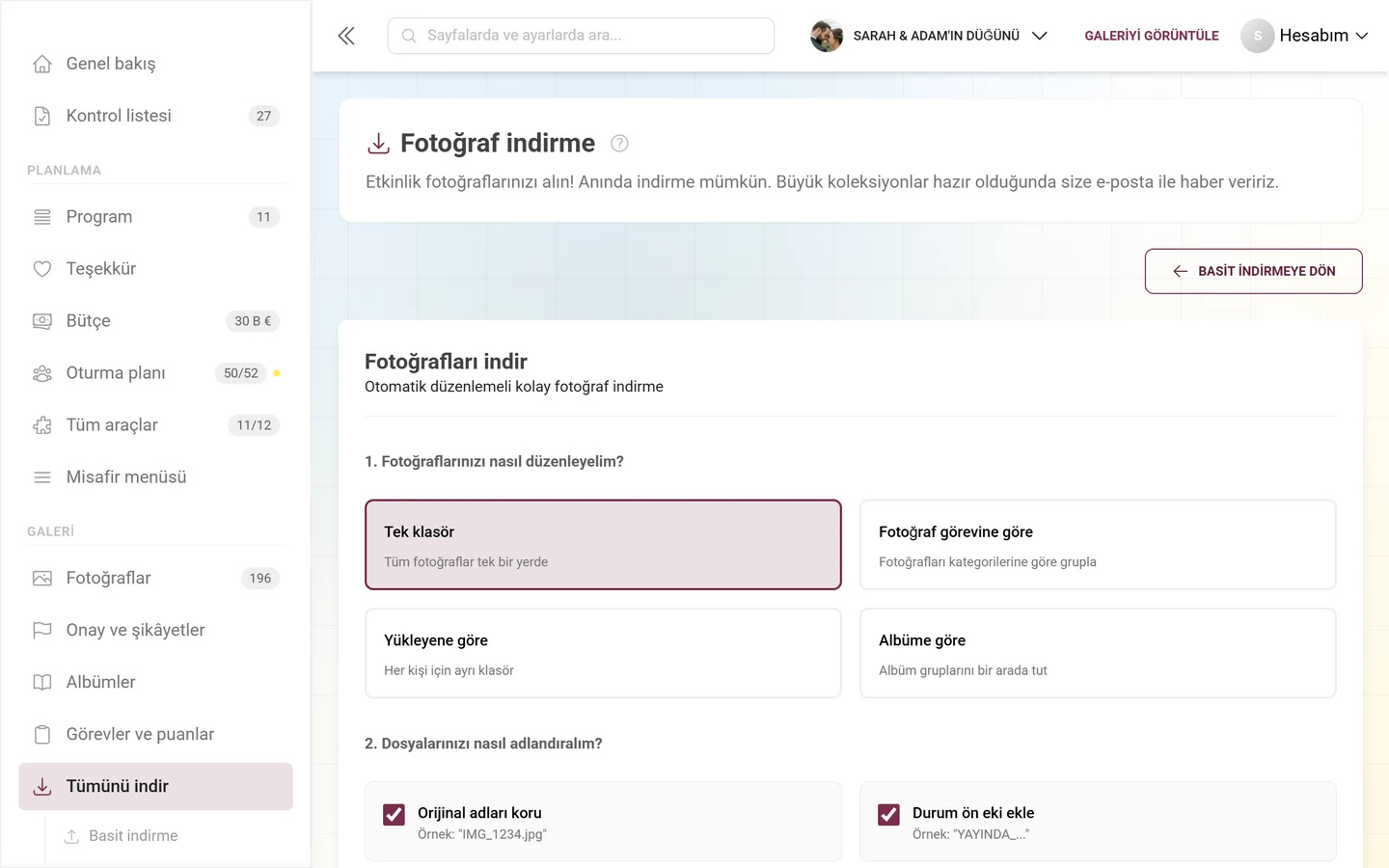 ZIP dışa aktarımı için klasör yapısı, filtreler ve seçim içeren gelişmiş indirme