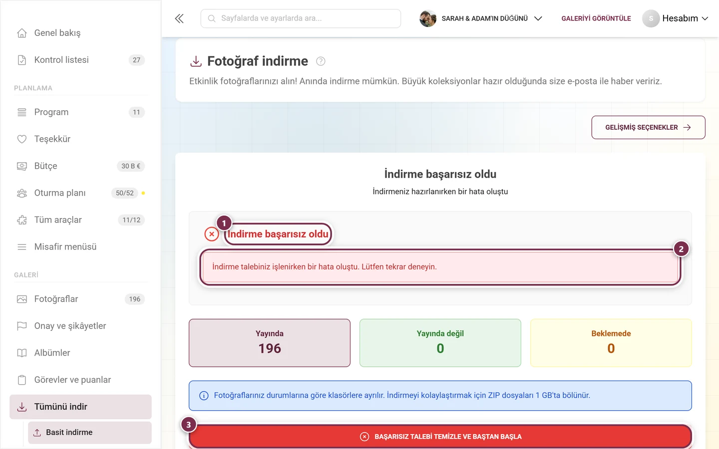 İndirme başarısız başlığı, hata mesajı ve yeniden başlatma için kırmızı düğme içeren hata ekranı, hepsi işaretli